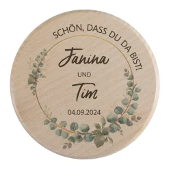 Glasabdeckung als Gastgeschenk zur Hochzeit - Eukalyptus - mit Namen und Datum