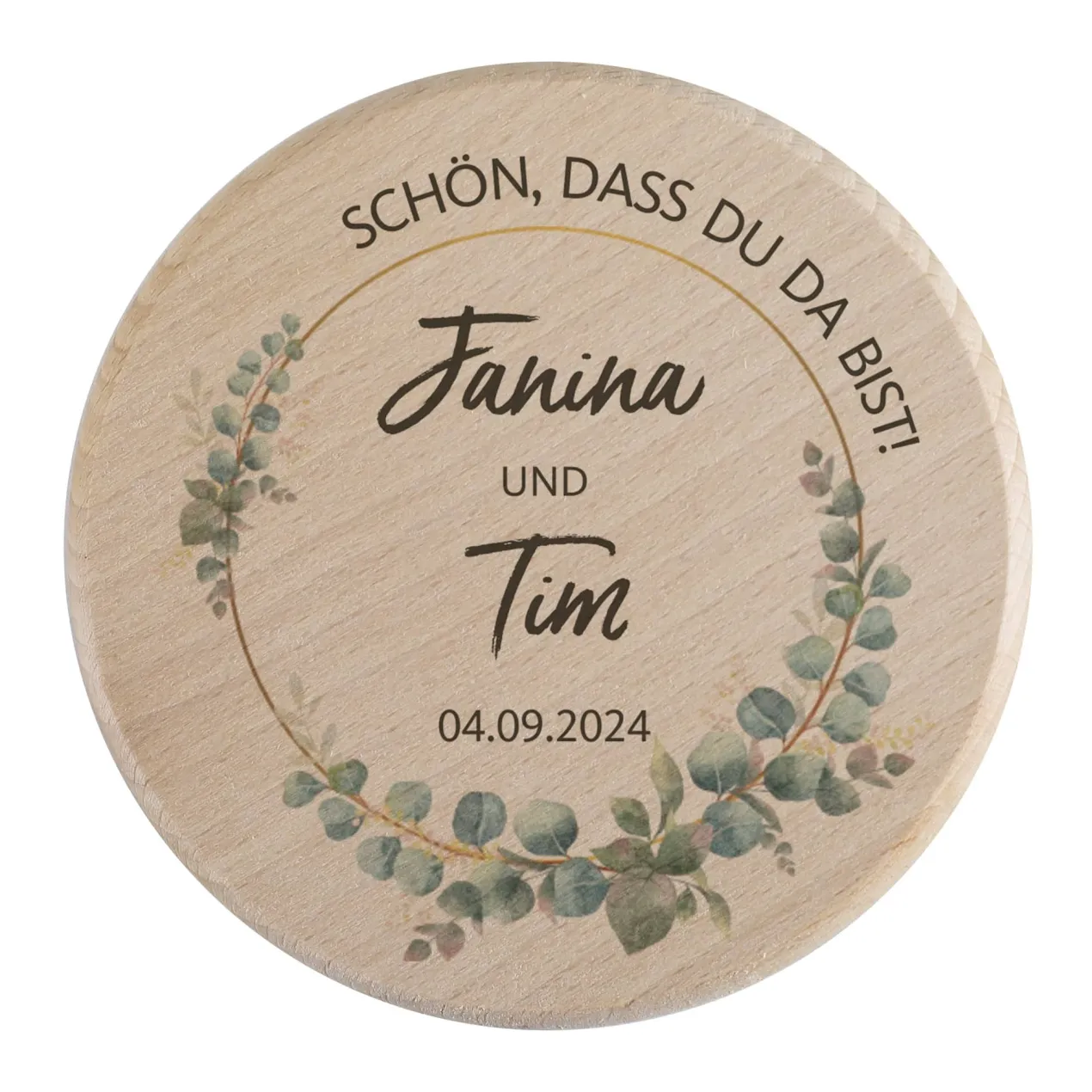 Glasabdeckung als Gastgeschenk zur Hochzeit - Eukalyptus - mit Namen und Datum