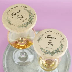 Glasabdeckung als Gastgeschenk zur Hochzeit - Eukalyptus - mit Namen und Datum