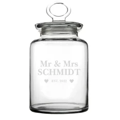 Glasdose für Mr und Mrs mit Wunschnamen und Jahr graviert