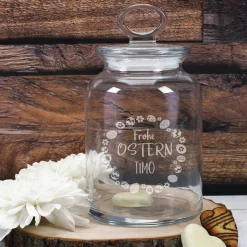 Glasdose mit Ostereier-Design und Ihrem Wunschnamen