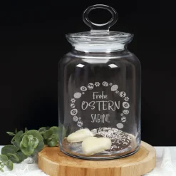 Glasdose mit Ostereier-Design und Ihrem Wunschnamen