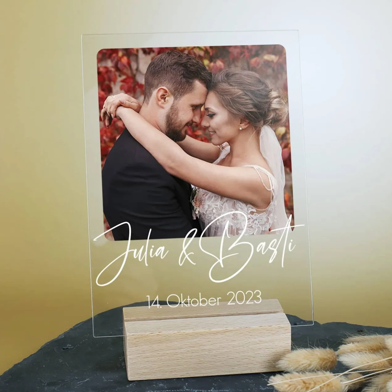 Glasfoto mit Holzsockel - mit Foto und Wunschtexten bedruckt