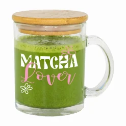 Glas Tasse 'Matcha Lover' mit Bambus Holz Deckel | Matcha Tasse als Geschenkidee