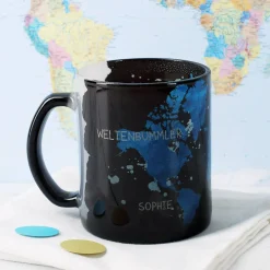 Glastasse mit Magic Effekt und Gravur - Weltenbummler