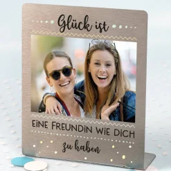 Glück ist... Edelstahl Foto-Aufsteller mit Ihrem Bild und Wunschtext 14x17 cm