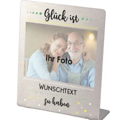 Glück ist... Edelstahl Foto-Aufsteller mit Ihrem Bild und Wunschtext 14x17 cm