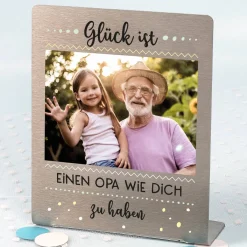 Glück ist... Edelstahl Foto-Aufsteller mit Ihrem Bild und Wunschtext 14x17 cm