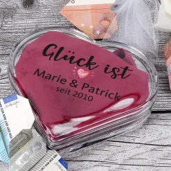 Glück ist... Herzdose aus Glas mit Ihrem Wunschtext bedruckt