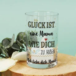 Glück ist... Kerzenhalter aus Glas mit zwei Zeilen Wunschtext