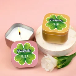 Glückslicht mit Name personalisiert | Mini Duftkerze mit Kleeblatt als Geschenk für Frauen & Männer