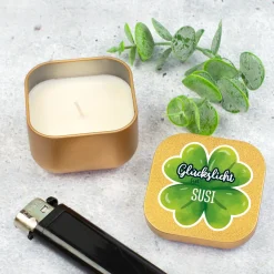 Glückslicht mit Name personalisiert | Mini Duftkerze mit Kleeblatt als Geschenk für Frauen & Männer