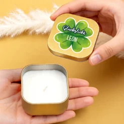 Glückslicht mit Name personalisiert | Mini Duftkerze mit Kleeblatt als Geschenk für Frauen & Männer