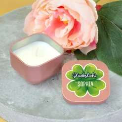 Glückslicht mit Name personalisiert | Mini Duftkerze mit Kleeblatt als Geschenk für Frauen & Männer