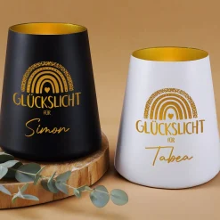 Glückslicht mit Regenbogen & Name personalisiert als Geschenk | Deko Windlicht mit Gravur u. Farbwahl