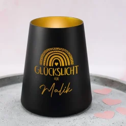 Glückslicht mit Regenbogen & Name personalisiert als Geschenk | Deko Windlicht mit Gravur u. Farbwahl