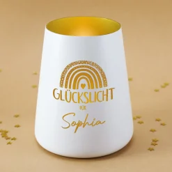 Glückslicht mit Regenbogen & Name personalisiert als Geschenk | Deko Windlicht mit Gravur u. Farbwahl