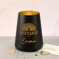 Glückslicht mit Regenbogen & Name personalisiert als Geschenk | Deko Windlicht mit Gravur u. Farbwahl