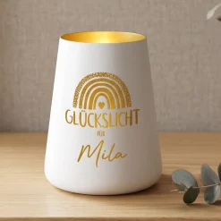 Glückslicht mit Regenbogen & Name personalisiert als Geschenk | Deko Windlicht mit Gravur u. Farbwahl