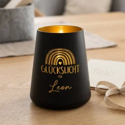 Glückslicht mit Regenbogen & Name personalisiert als Geschenk | Deko Windlicht mit Gravur u. Farbwahl