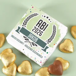 Glückwunsch-Geschenkbox zum Abitur mit 10 Lindt Schoko-Herzen, Name, Jahr & Text