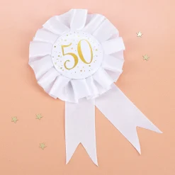 Glückwunsch-Rosette in weiß zum 50. Geburtstag