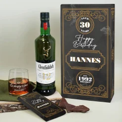 Glenfiddich Geschenkset zum Geburtstag mit Whiskyglas, Schokolade und Box