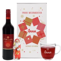 Glühweinset mit graviertem Glas und Lindt Schokoweihnachtsmann in persönlicher Box