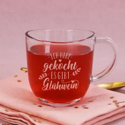 Glühwein Tasse aus Glas mit lustiger Gravur | Ich habe gekocht, es gibt Glühwein | 280 ml