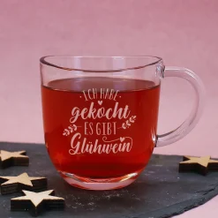 Glühwein Tasse aus Glas mit lustiger Gravur | Ich habe gekocht, es gibt Glühwein | 280 ml