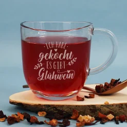 Glühwein Tasse aus Glas mit lustiger Gravur | Ich habe gekocht, es gibt Glühwein | 280 ml