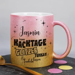 Glitzertasse in 3 Farben - Kacktage funkeln lassen - mit Name persönlich bedruckt