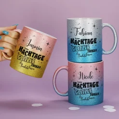 Glitzertasse in 3 Farben - Kacktage funkeln lassen - mit Name persönlich bedruckt