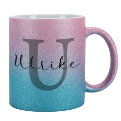 Glitzertasse in 3 Farben mit Name und Initiale