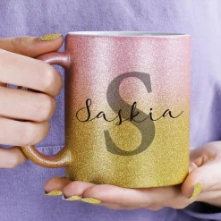 Glitzertasse in 3 Farben mit Name und Initiale