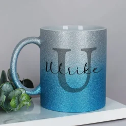 Glitzertasse in 3 Farben mit Name und Initiale