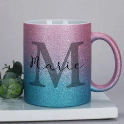Glitzertasse in 3 Farben mit Name und Initiale
