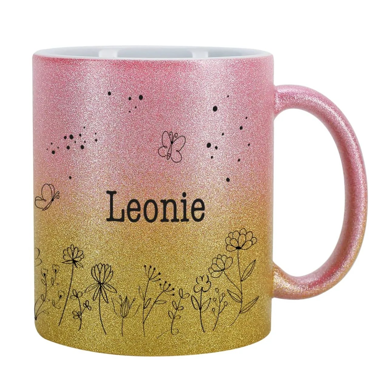 Glitzertasse mit Blumenwiese und Ihrem Wunschnamen bedruckt
