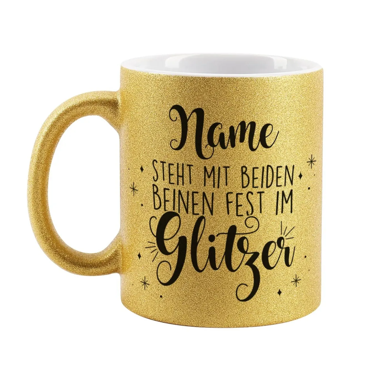 Glitzertasse mit Ihrem Wunschnamen und coolem Spruch