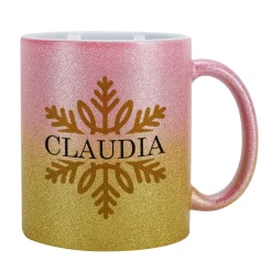 Glitzertasse zu Weihnachten mit Schneeflocke und Name bedruckt - 3 Farben zur Auswahl