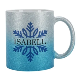 Glitzertasse zu Weihnachten mit Schneeflocke und Name bedruckt - 3 Farben zur Auswahl