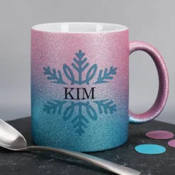 Glitzertasse zu Weihnachten mit Schneeflocke und Name bedruckt - 3 Farben zur Auswahl
