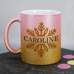 Glitzertasse zu Weihnachten mit Schneeflocke und Name bedruckt - 3 Farben zur Auswahl