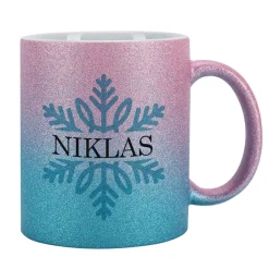 Glitzertasse zu Weihnachten mit Schneeflocke und Name bedruckt - 3 Farben zur Auswahl