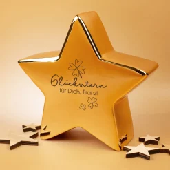 Goldener ‚Glücksstern‘ von Leonardo – personalisiert mit Wunschtext | Glücksbringer-Geschenk | 20 cm