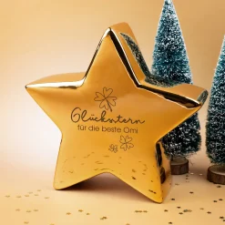 Goldener ‚Glücksstern‘ von Leonardo – personalisiert mit Wunschtext | Glücksbringer-Geschenk | 20 cm