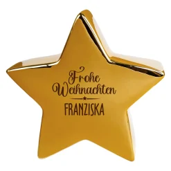 Goldfarbener Keramikstern von Leonardo ‚Frohe Weihnachten‘ personalisiert mit Name als Weihnachtsdeko | 20 cm