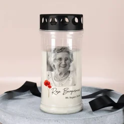 Grablicht - Mohnblume - mit Fotoaufdruck, Name und Datum