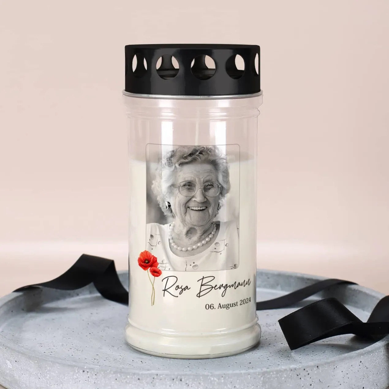 Grablicht - Mohnblume - mit Fotoaufdruck, Name und Datum