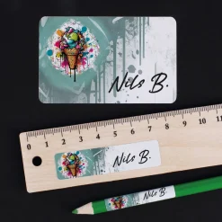 Graffiti Schulaufkleber mit Eis-Motiv und Name (100 Stück)
